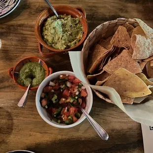 a table with chips, salsa and guacamole