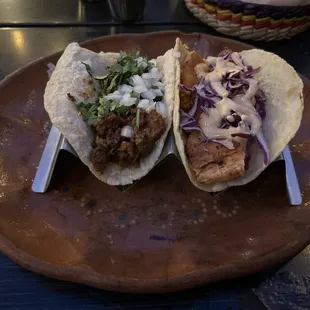 Salmon and Al Pastor tacos