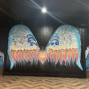 Stage and artwork in the restaurant.