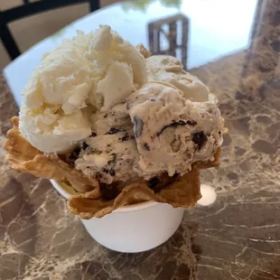 Homemade Waffle Bowl with two scoops
