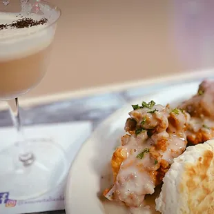 a plate of food and a drink