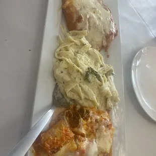 Tour of Italy. Chicken parm, fettuccine Alfredo, and lasagna
