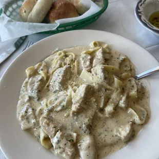 Chicken Fettuccine Alfredo and bread.
