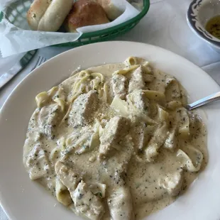 Chicken Fettuccine Alfredo and bread.