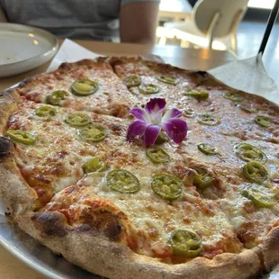 Cheese pizza with jalapeños and buffalo mozzarella cheese