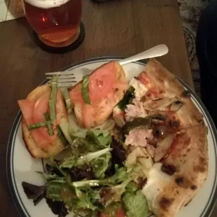 Pizza (ham, artichoke, mushroom, mozzarella), bruschetta, salad