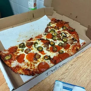 Sausage, pepperoni, jalapeños, extra cheese, &amp; extra sauce ... 8/10