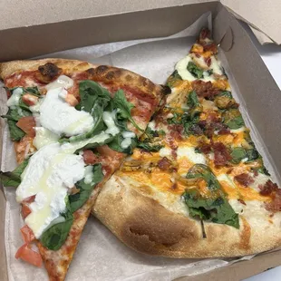 Veggie and buffalo chicken/bacon pizza.