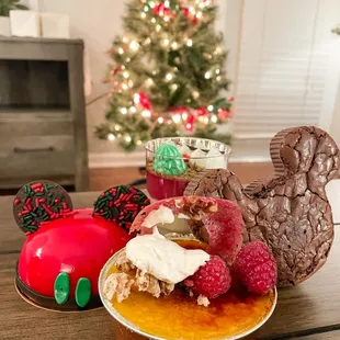 mikey mouse shaped brownies, Crème brûlée, mikey mousse, raspberry dessert  (right to left)