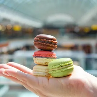 a hand holding a stack of macarons