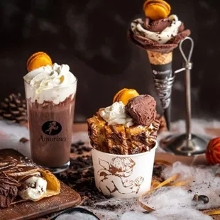 a chocolate ice cream sundae, a cup of coffee, and a cookie