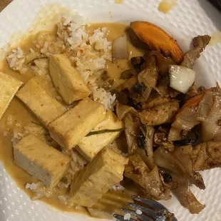 Tofu panang curry over rice and tofu pad kee mao