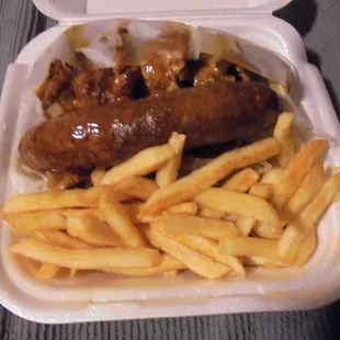 Rib tip, hot link combo with fries.