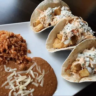 Friday fish fry tacos- beer battered cod, crisp potatoes, baja tartar sauce, tex/mex slaw. Open for carry out all day