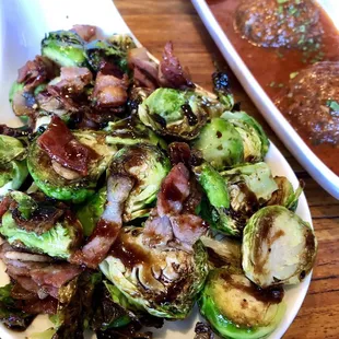 Brussels sprouts and Spanish meatballs