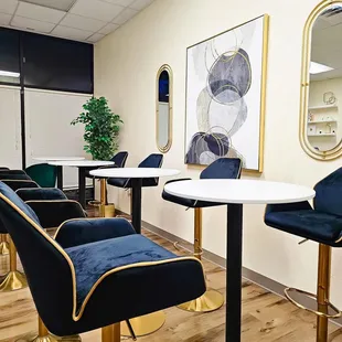 a row of bar stools in a waiting room