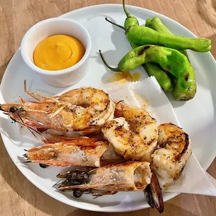 Camarones a la Plancha - Three Grilled Head-On White Prawns, Blistered Shishitos, Guajillo Mayo