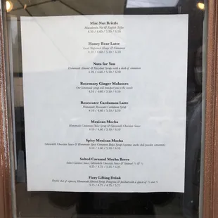 Portion of menu, special drinks