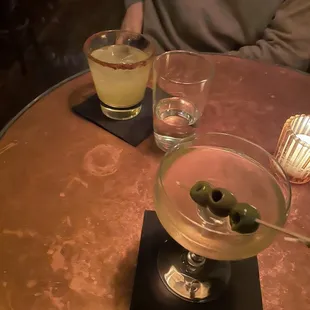 The hot one cocktail and dirty vodka martini