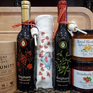 ottles of wine, jams, and a bag