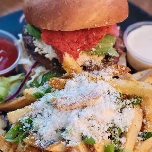 Amp&apos;d Burger (add bacon and avocado) with Parmesean Fries.