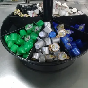 a black container filled with cans