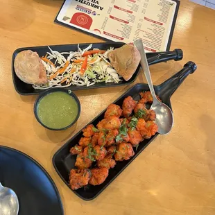 Vegetable Samosa and Gobi 65 (Fried cauliflower with yummy sauce)