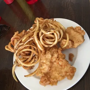 a plate of fried fish and onion rings