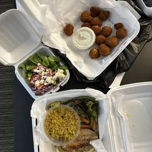 Fried mushrooms, catfish with rice and vegetables and salad. Yumminess.