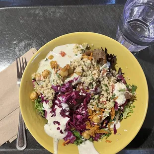 Kabob salad with garlic and herb sauces.