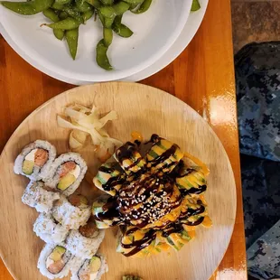 Edamame, Volcano 1 roll, and Philadelphia roll.