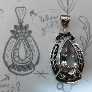 A custom 18kt gold pendant, created using the customer's own design ideas and stones.