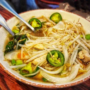 Pho was been broth got chicken too, rich and comforting.