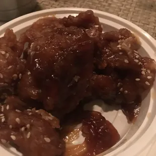 sesame chicken. The worst I have ever seen/ couldn't eat it. Furthest from fresh hot and crispy. The sauce is even congealed.