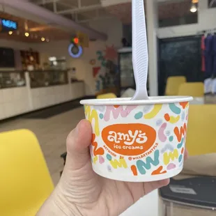 a hand holding a cup of ice cream