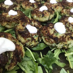 Mini zucchini cakes with lemon yogurt sauce