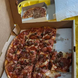 Meat Lover's and personal cheese pizzas (already started enjoying them!)