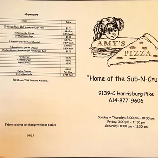 a menu for a home of the sub - n - crust