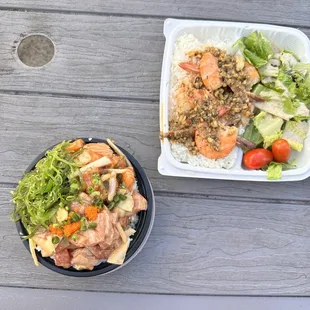 Poke bowl and shrimp plate