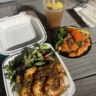 Garlic shrimp rice, salmon poke, pineapple tea