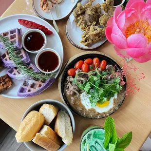 use waffle, shrimp skewers, fried oyster mushroom, Vietnamese sizzling beef