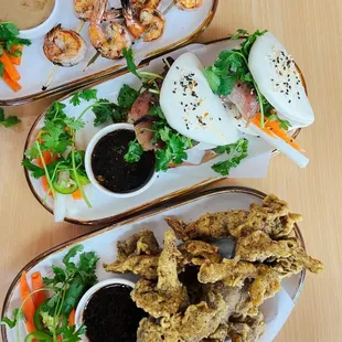 fried oyster mushroom, grilled chicken bao, shrimp skewer