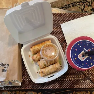 My to go order: Banh Mi 5 Spices Chicken, Vietnamese Egg Rolls, Thai Boba Tea