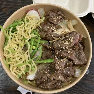 Garlic noodles and bulgogi ribeye