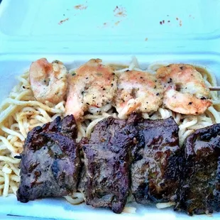 Garlic Noodles w/ Yuzu Shrimp and Lemongrass Beef skewers
