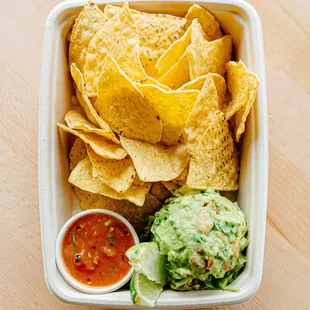 Guacamole, salsa and chips.  Perfect snack food.
