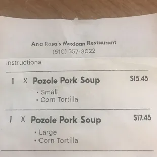 Receipt showing the pozole needed to include the tortillas.