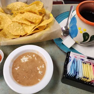 Cafe de olla with chips, beans &amp; salsa