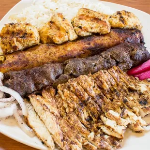 Pictured from top to bottom: Chicken Tikka; Chicken Kabob; Beef Kabob; Chicken Shawarma.