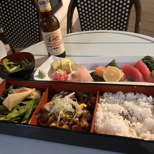 Chicken Teriyaki bento box and Sashimi Deluxe